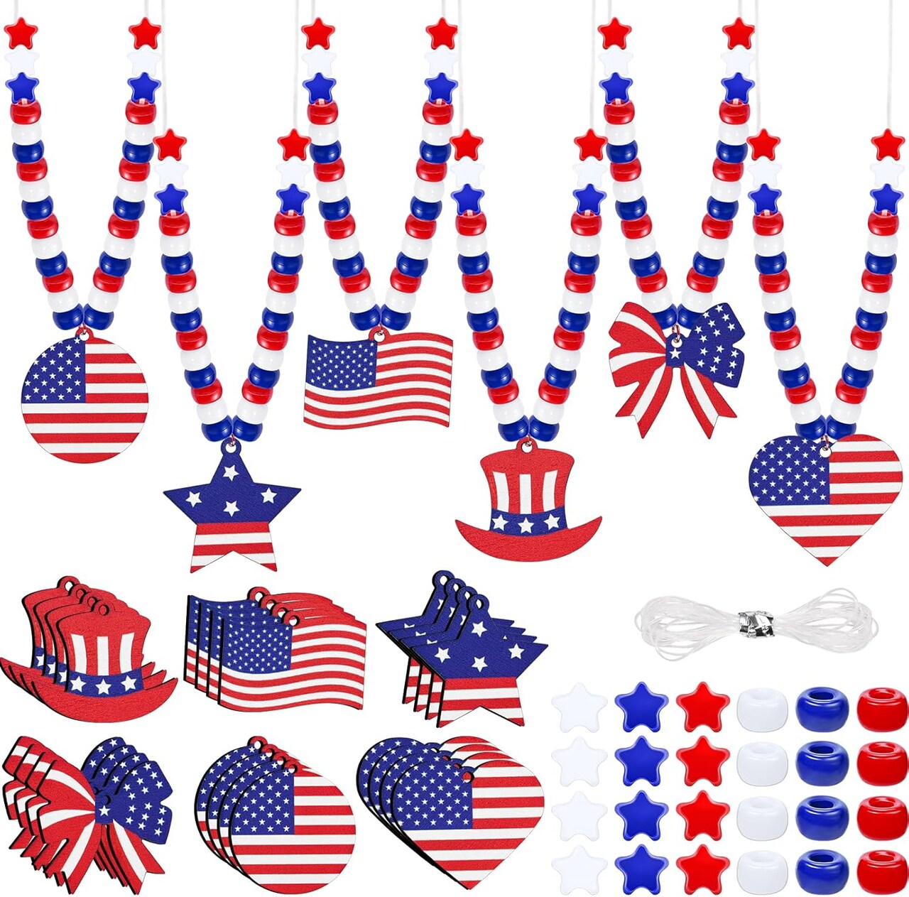 24 Set 4th of July Patriotic Craft Kits Independence Day Necklace Craft with Red White Blue Pony Beads Star Beads Wooden Pendants